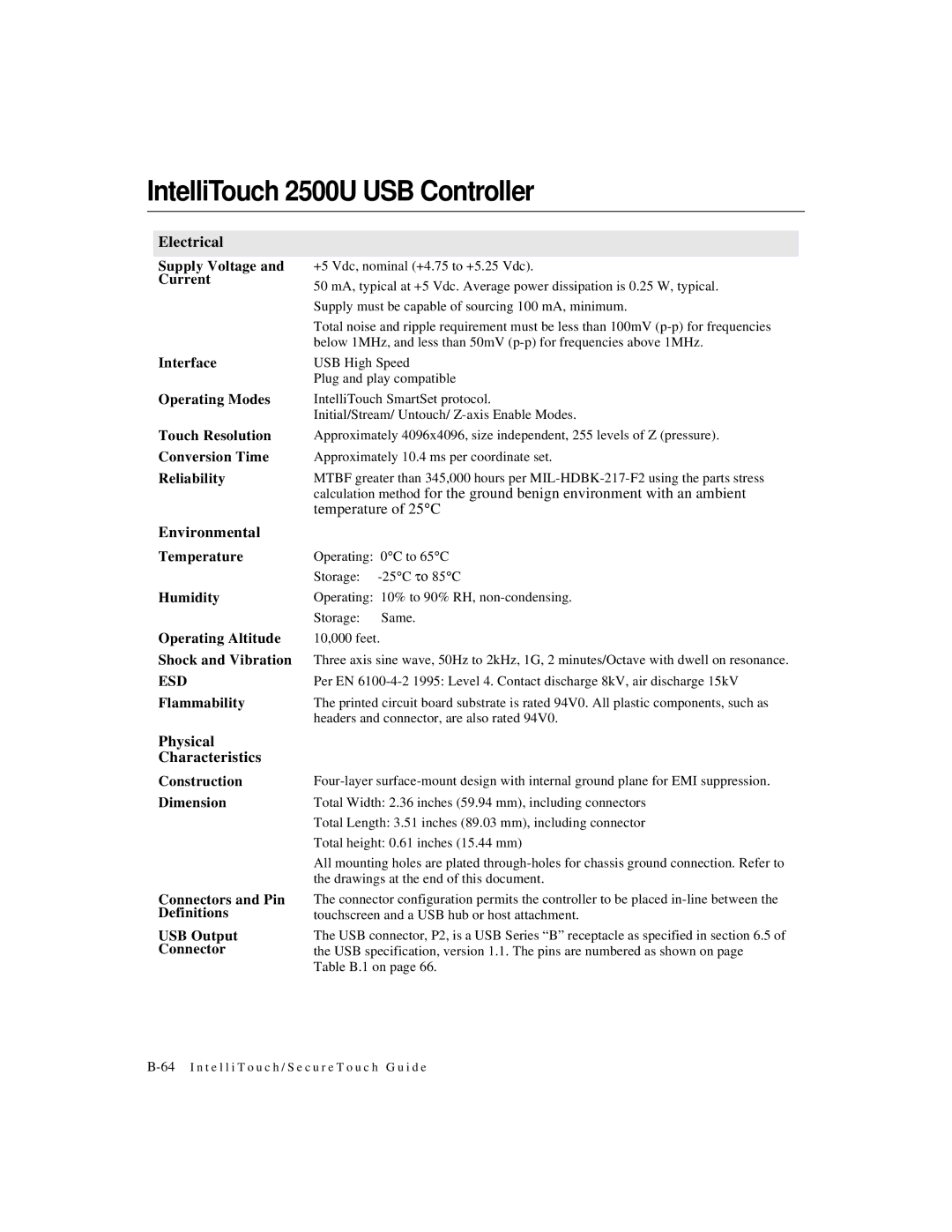 Elo TouchSystems IntelliTouch SecureTouch manual IntelliTouch 2500U USB Controller, Electrical, Physical Characteristics 