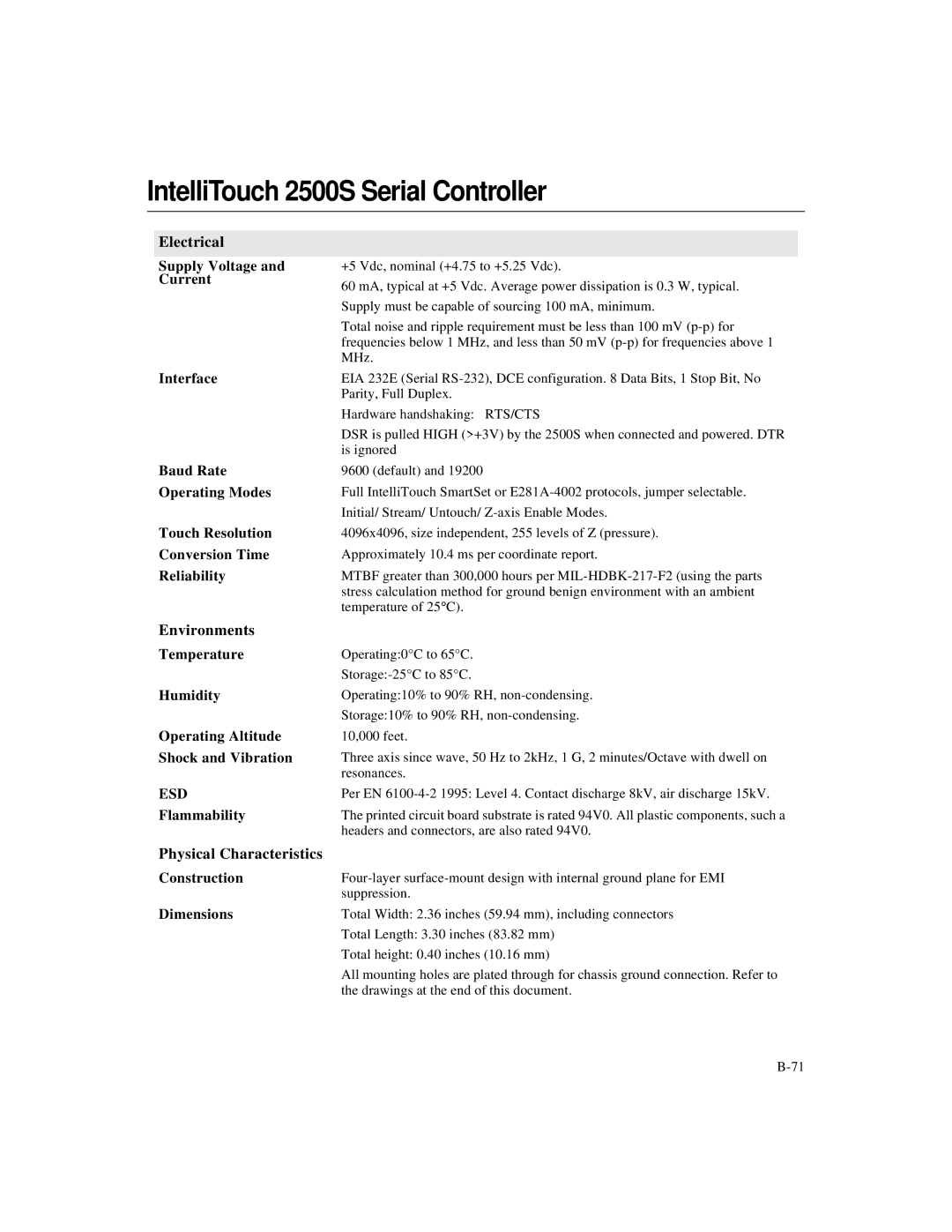 Elo TouchSystems IntelliTouch SecureTouch manual IntelliTouch 2500S Serial Controller, Environments 