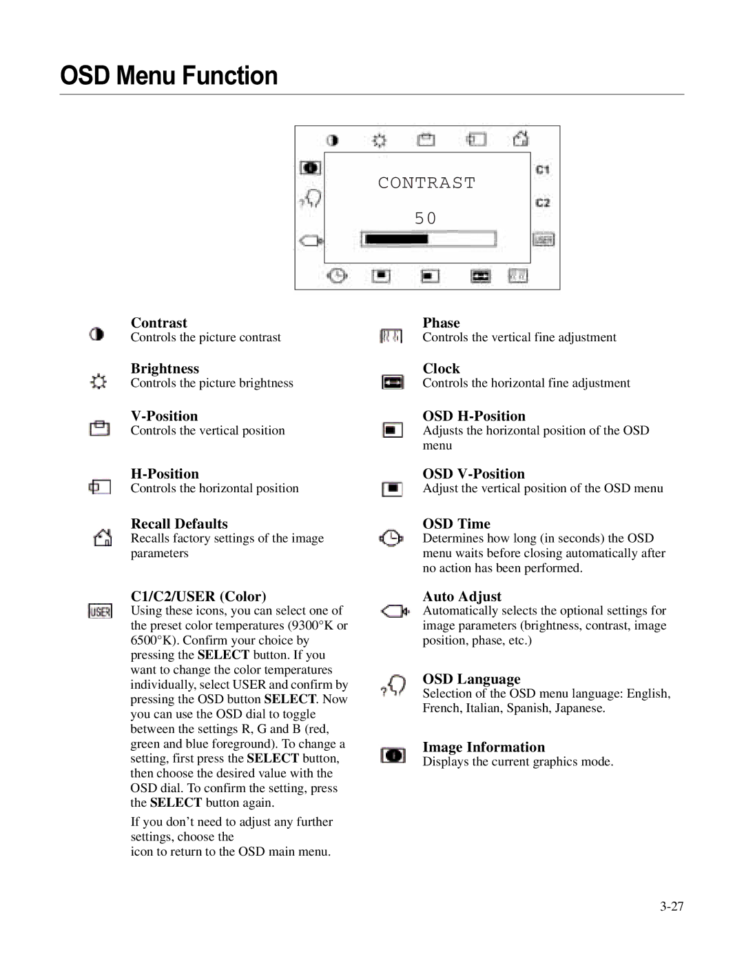 Elo TouchSystems LCD manual OSD Menu Function, Contrast 