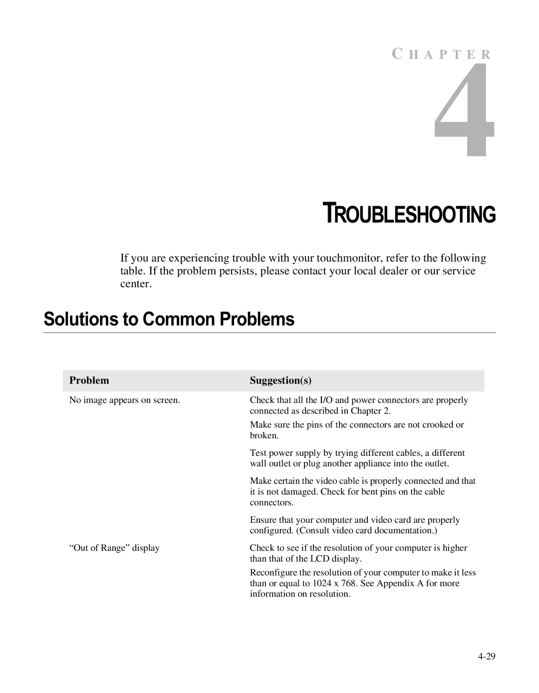 Elo TouchSystems LCD manual Troubleshooting, Solutions to Common Problems 