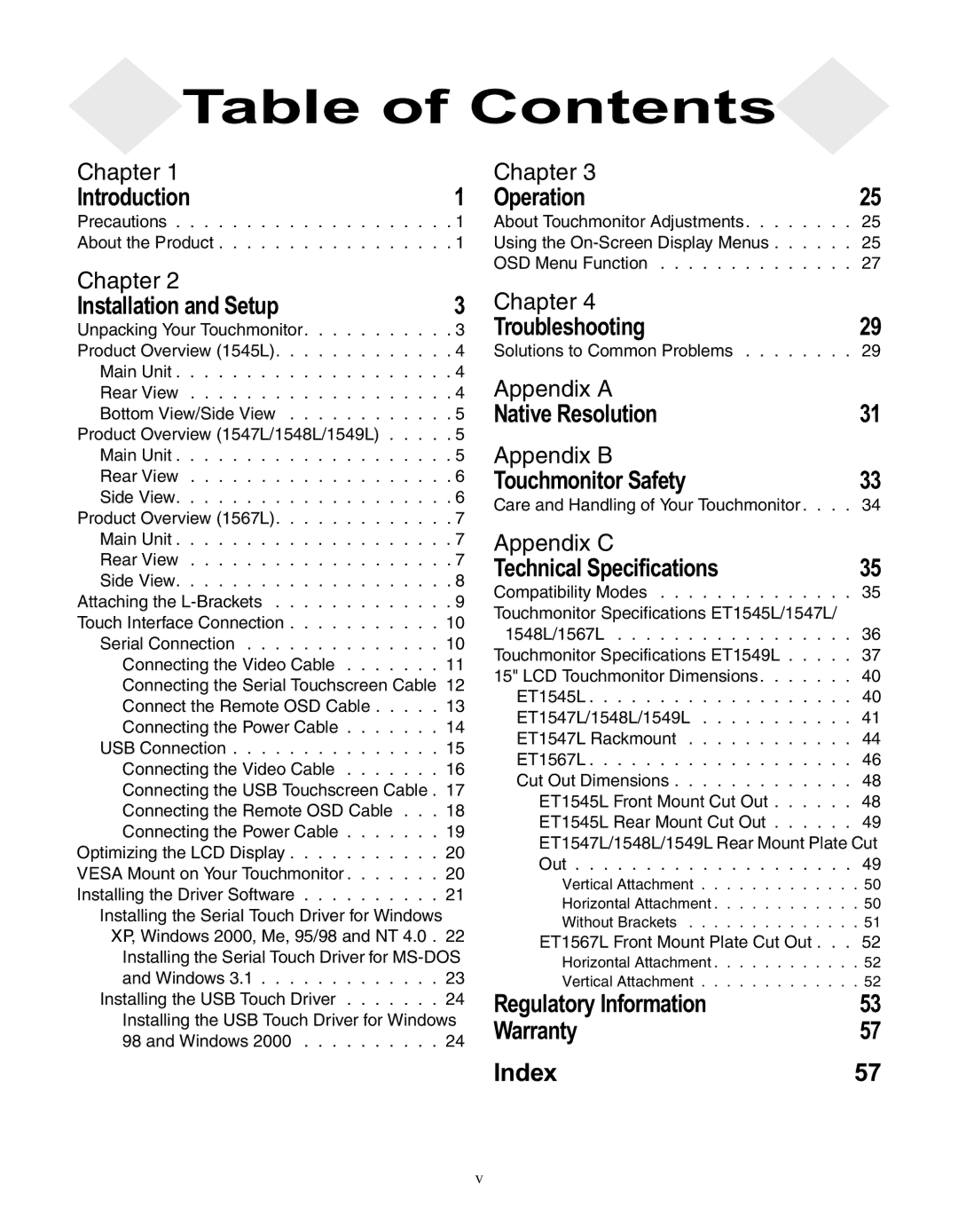 Elo TouchSystems LCD manual Table of Contents 