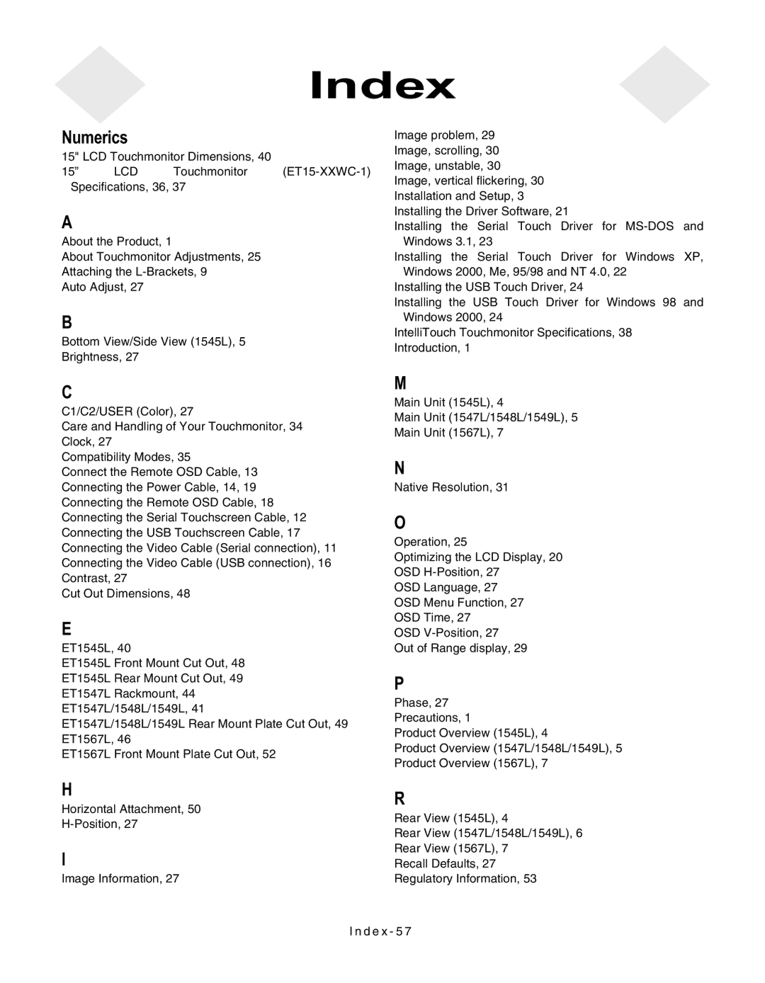 Elo TouchSystems LCD manual Index 