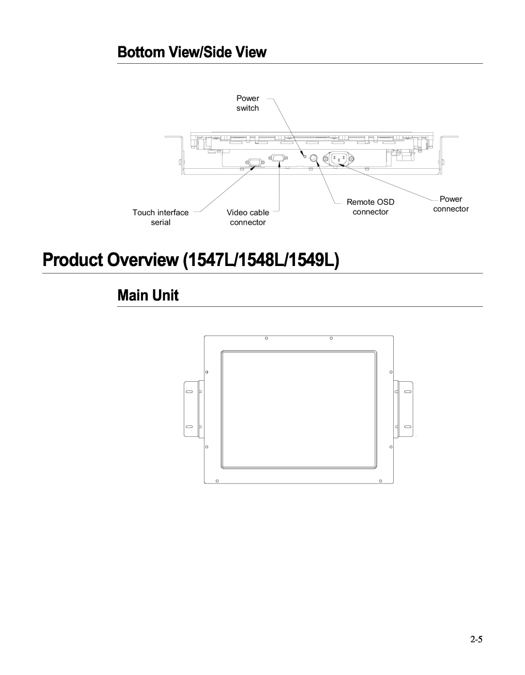 Elo TouchSystems LCD manual Product Overview 1547L/1548L/1549L, Bottom View/Side View, Main Unit 
