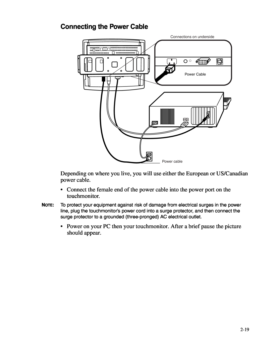 Elo TouchSystems LCD manual Connecting the Power Cable, Connections on underside, Power cable 