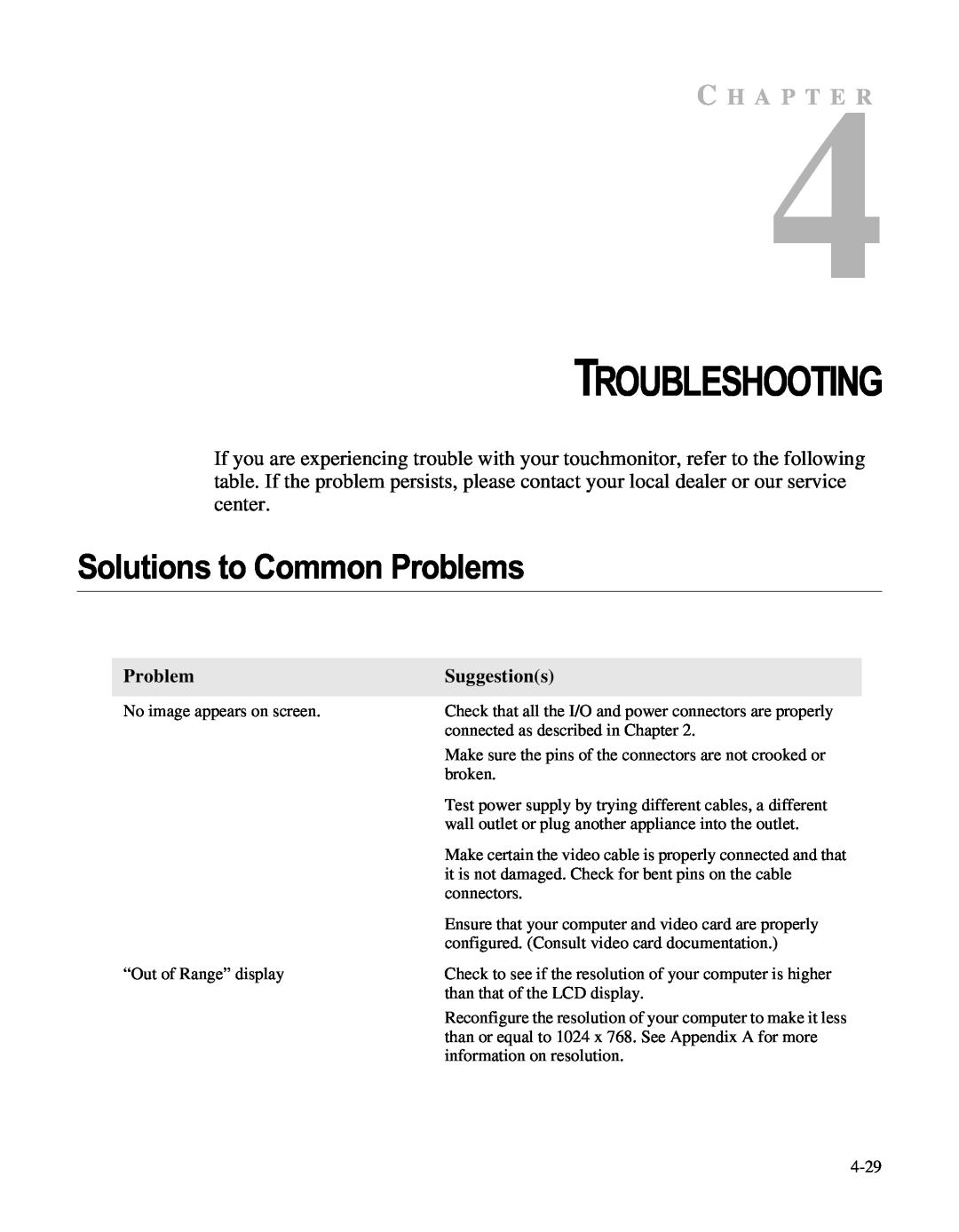 Elo TouchSystems LCD manual Troubleshooting, Solutions to Common Problems, C H A P T E R, Suggestions 