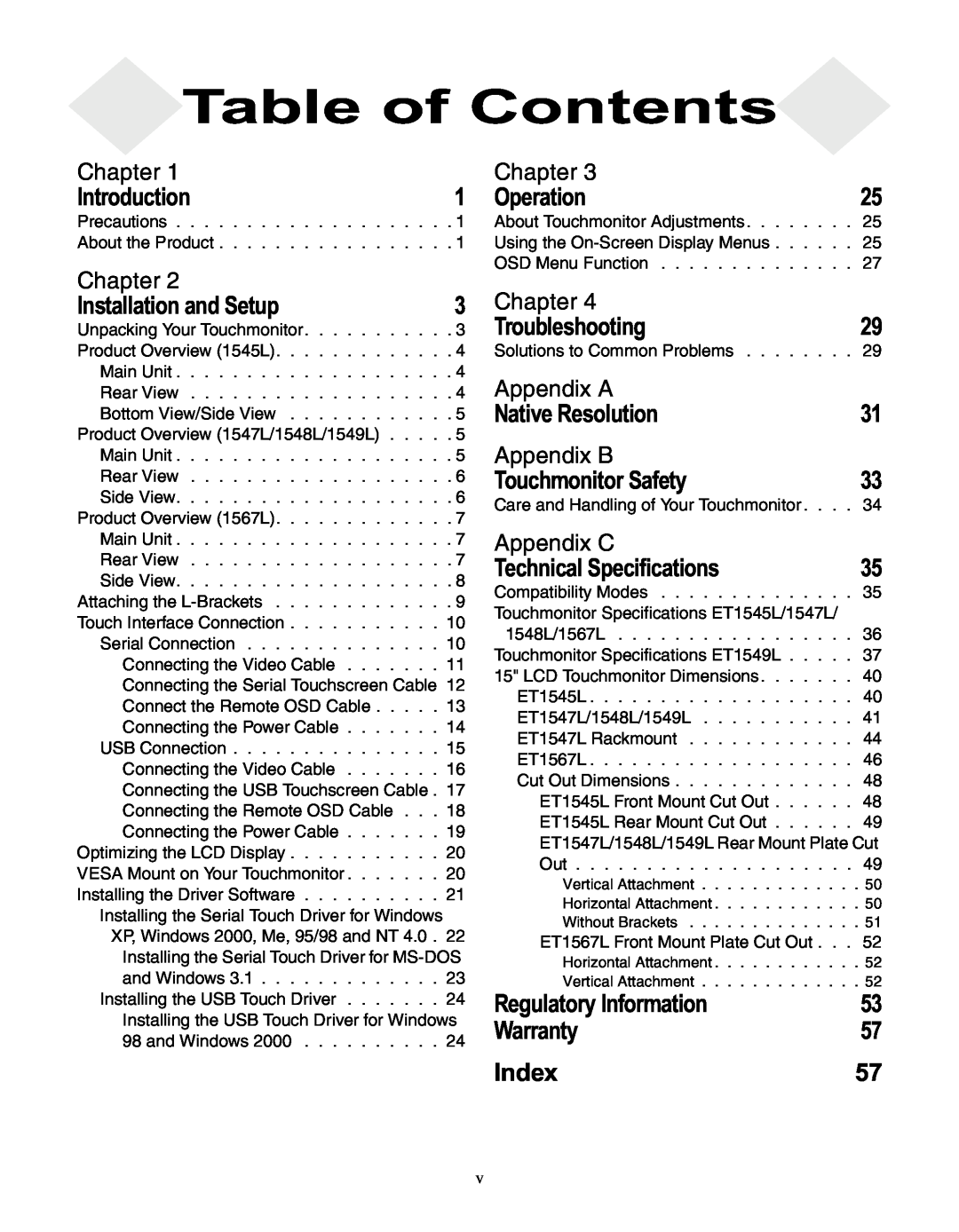 Elo TouchSystems LCD manual Table of Contents 