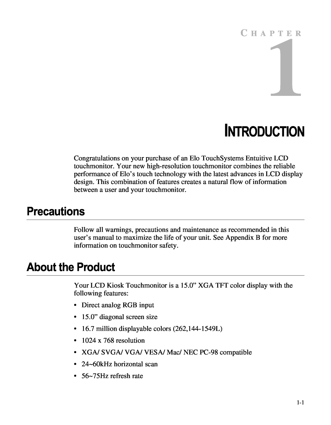 Elo TouchSystems LCD manual Introduction, Precautions, About the Product, C H A P T E R 