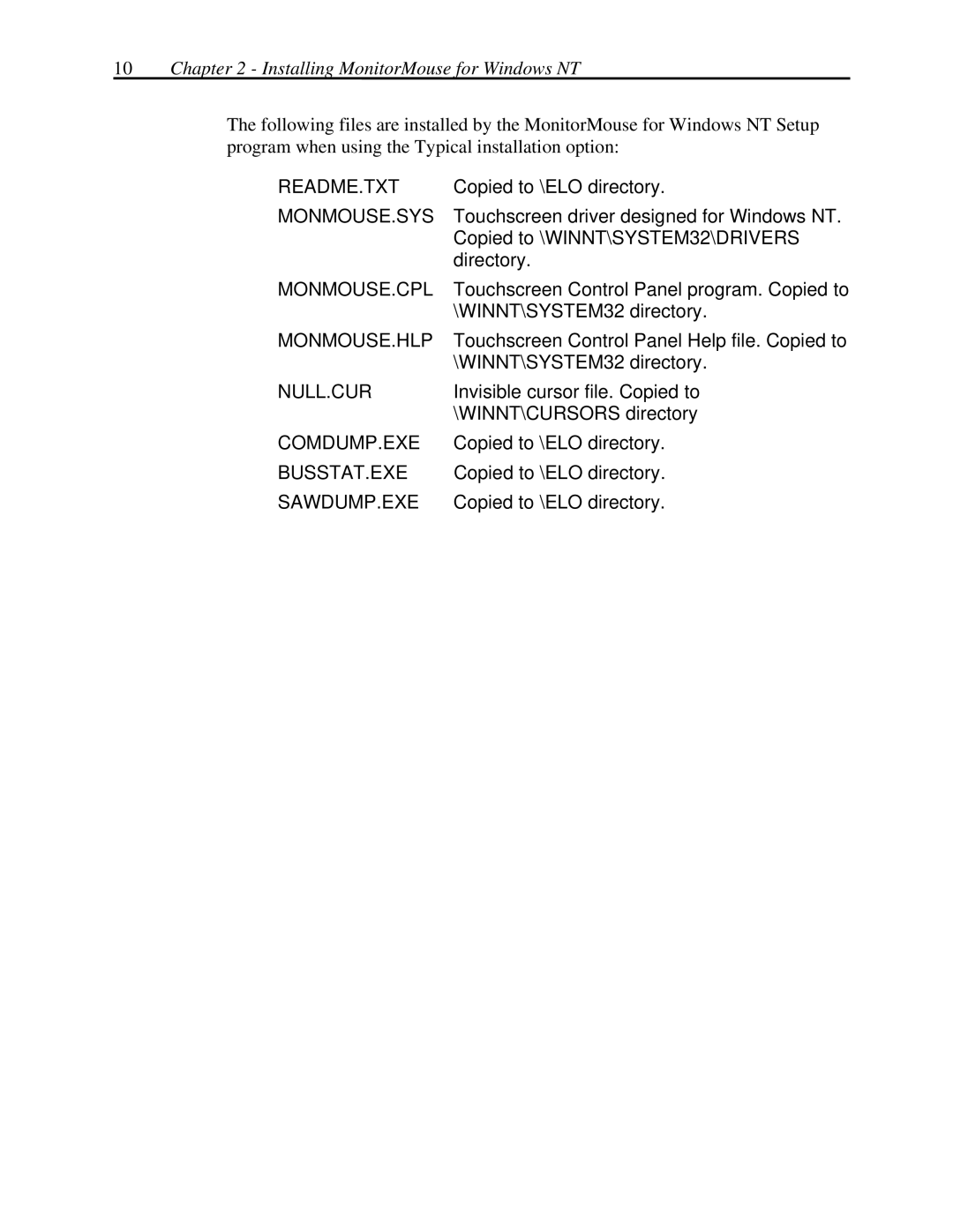 Elo TouchSystems MonitorMouse FOR WINDOWS NT Version 2.0 manual Monmouse.Sys 