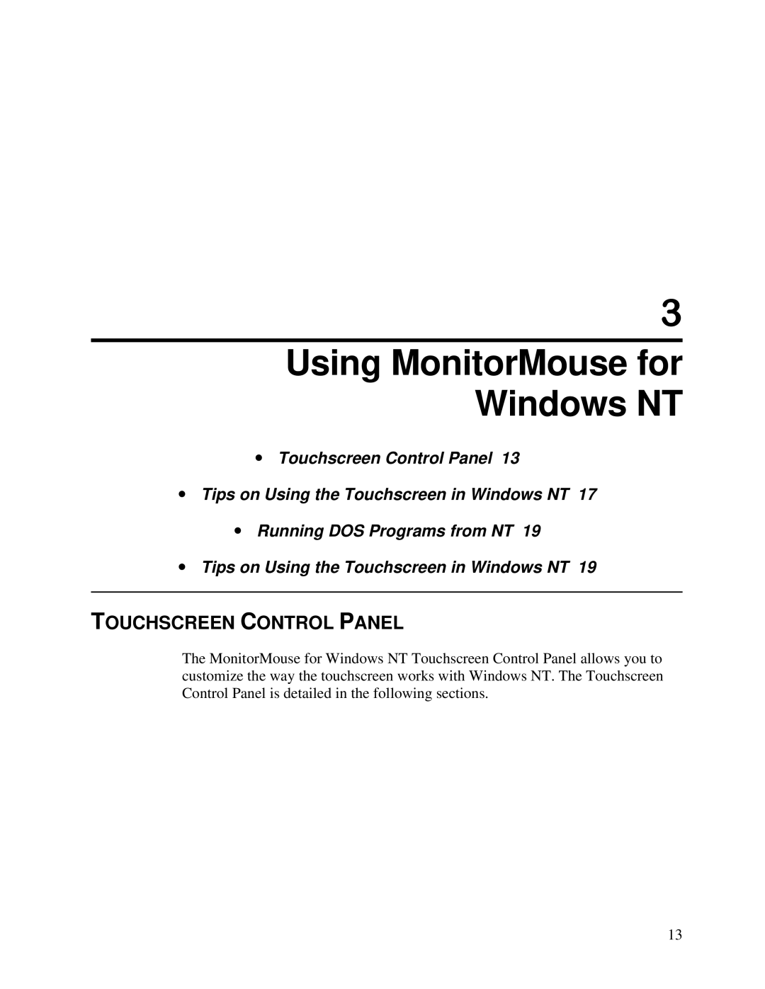 Elo TouchSystems MonitorMouse FOR WINDOWS NT Version 2.0 Using MonitorMouse for Windows NT, Touchscreen Control Panel 