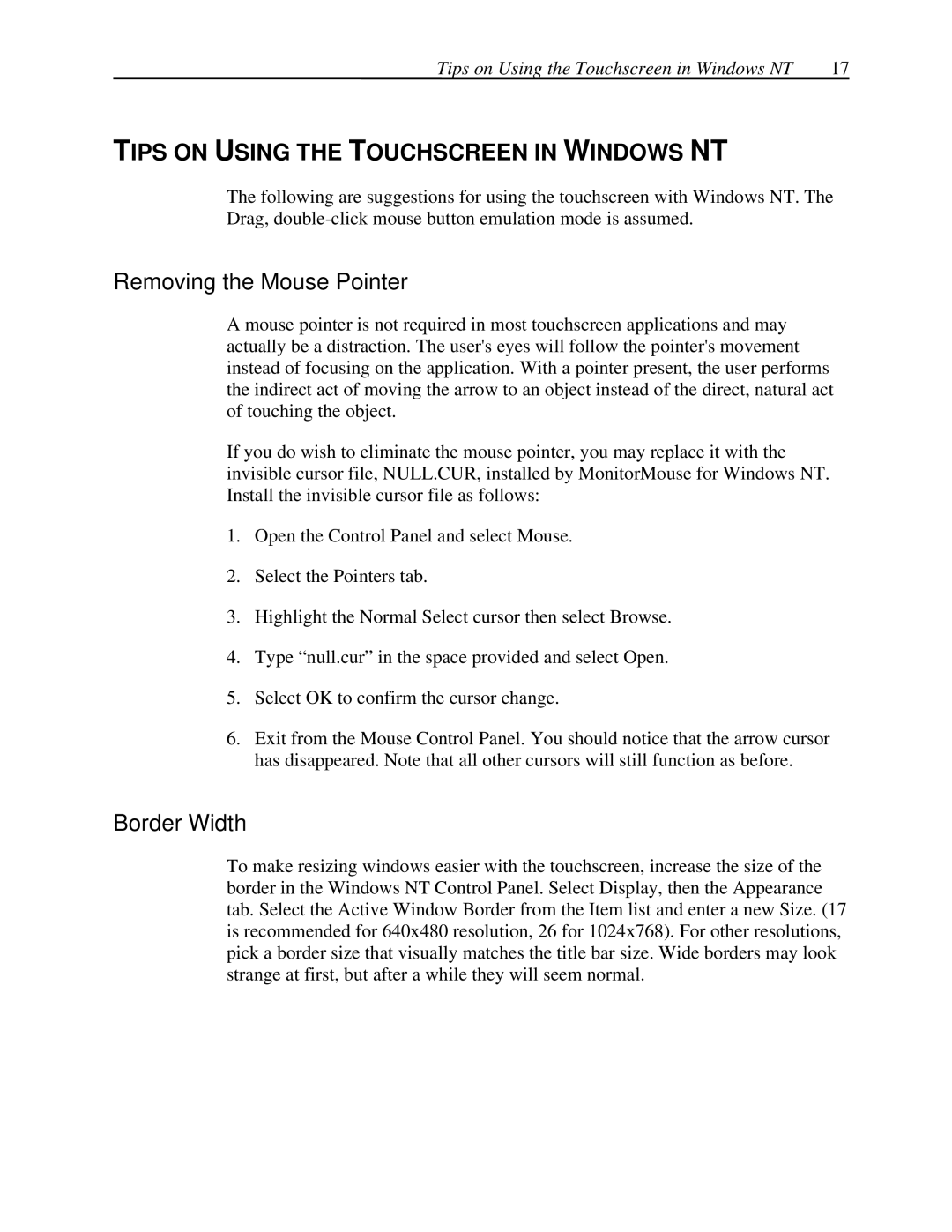 Elo TouchSystems MonitorMouse FOR WINDOWS NT Version 2.0 manual Tips on Using the Touchscreen in Windows NT, Border Width 