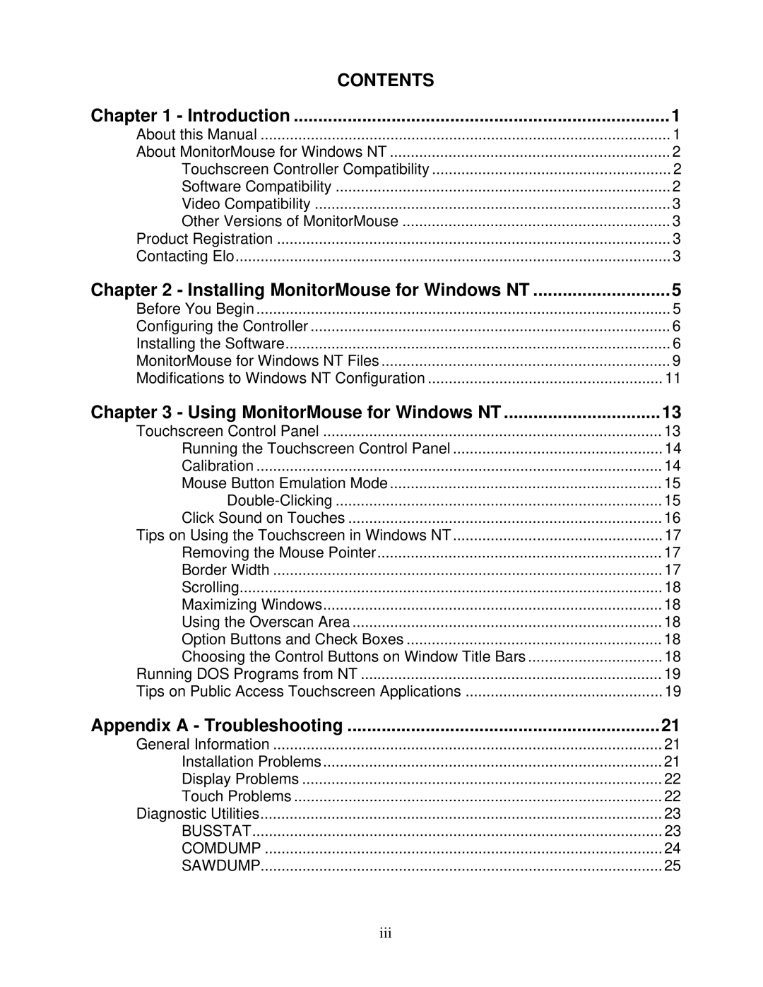 Elo TouchSystems MonitorMouse FOR WINDOWS NT Version 2.0 manual Contents 