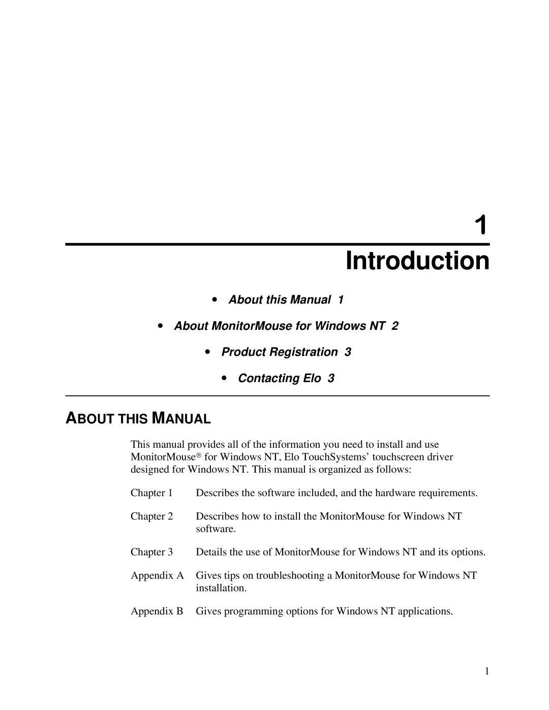 Elo TouchSystems MonitorMouse FOR WINDOWS NT Version 2.0 manual Introduction, About this Manual 