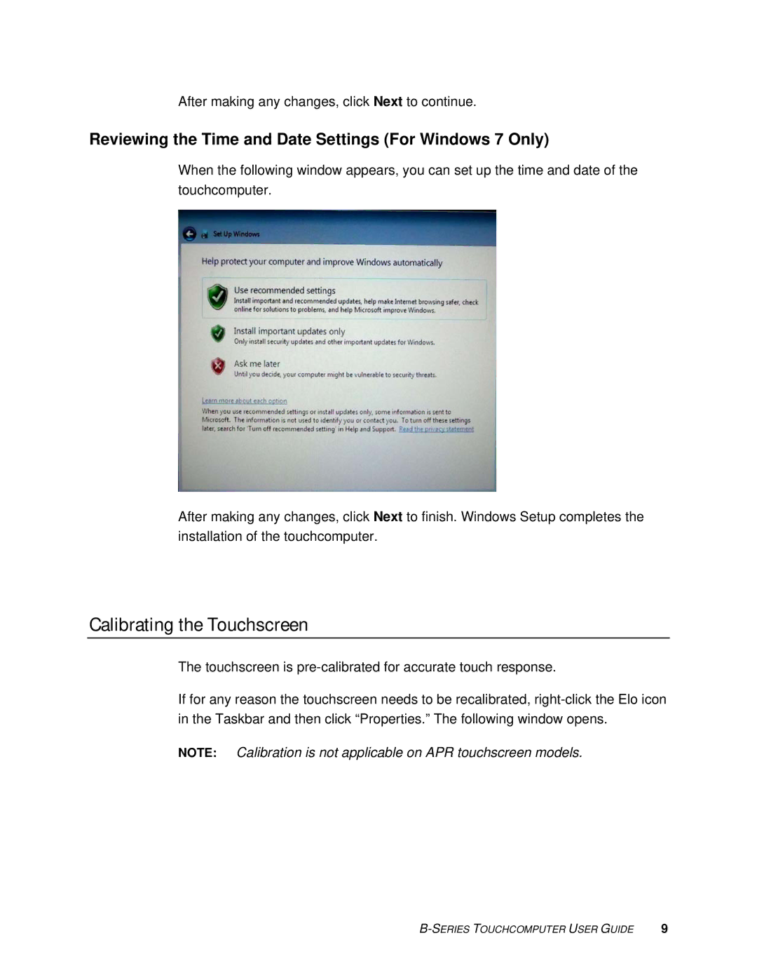 Elo TouchSystems SW 601075 manual Calibrating the Touchscreen, Reviewing the Time and Date Settings For Windows 7 Only 