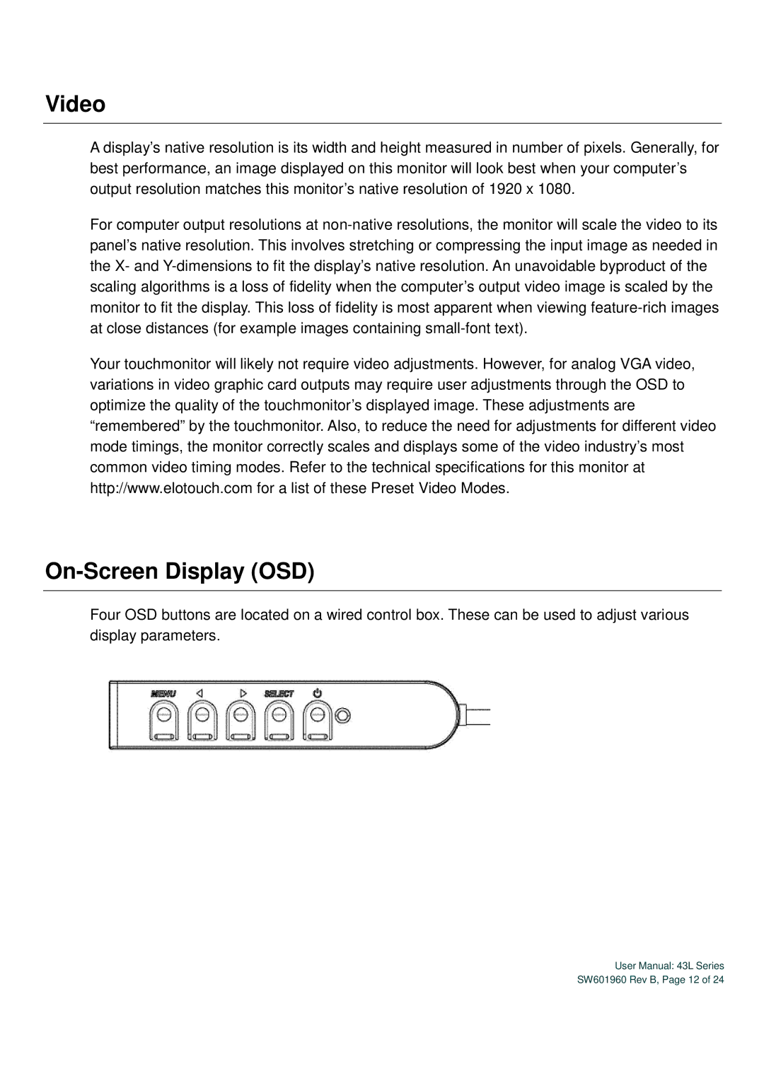 Elo TouchSystems SW601960 user manual Video, On-Screen Display OSD 