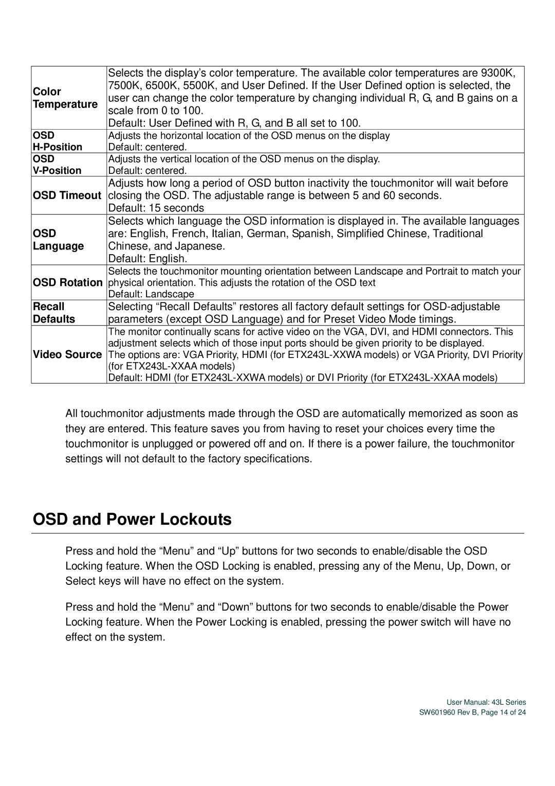 Elo TouchSystems SW601960 user manual OSD and Power Lockouts 