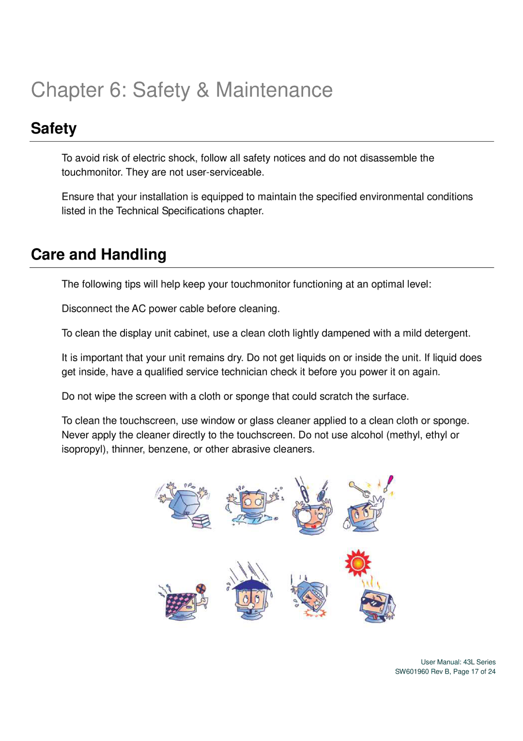 Elo TouchSystems SW601960 user manual Safety & Maintenance, Care and Handling 