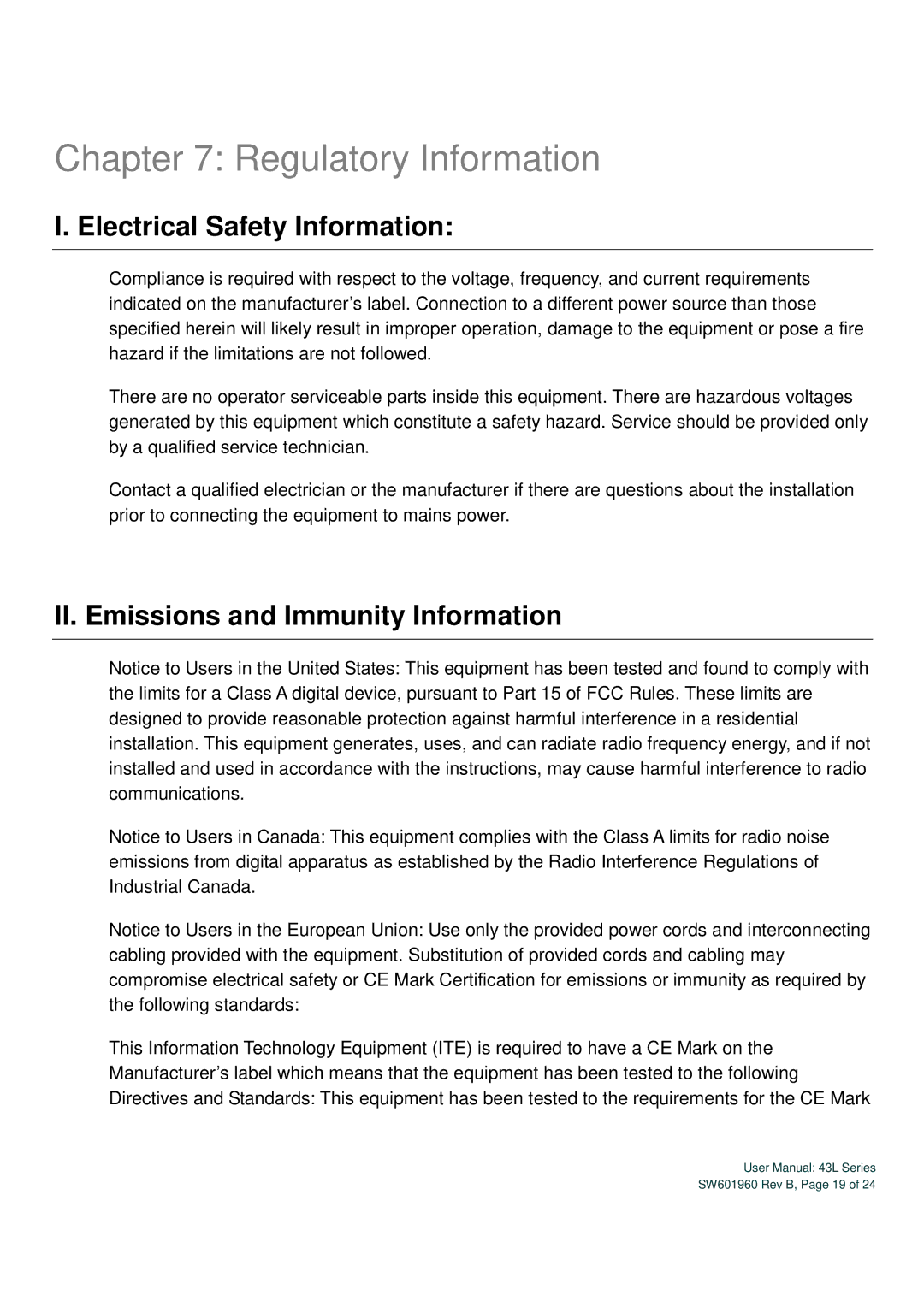 Elo TouchSystems SW601960 Regulatory Information, Electrical Safety Information, II. Emissions and Immunity Information 