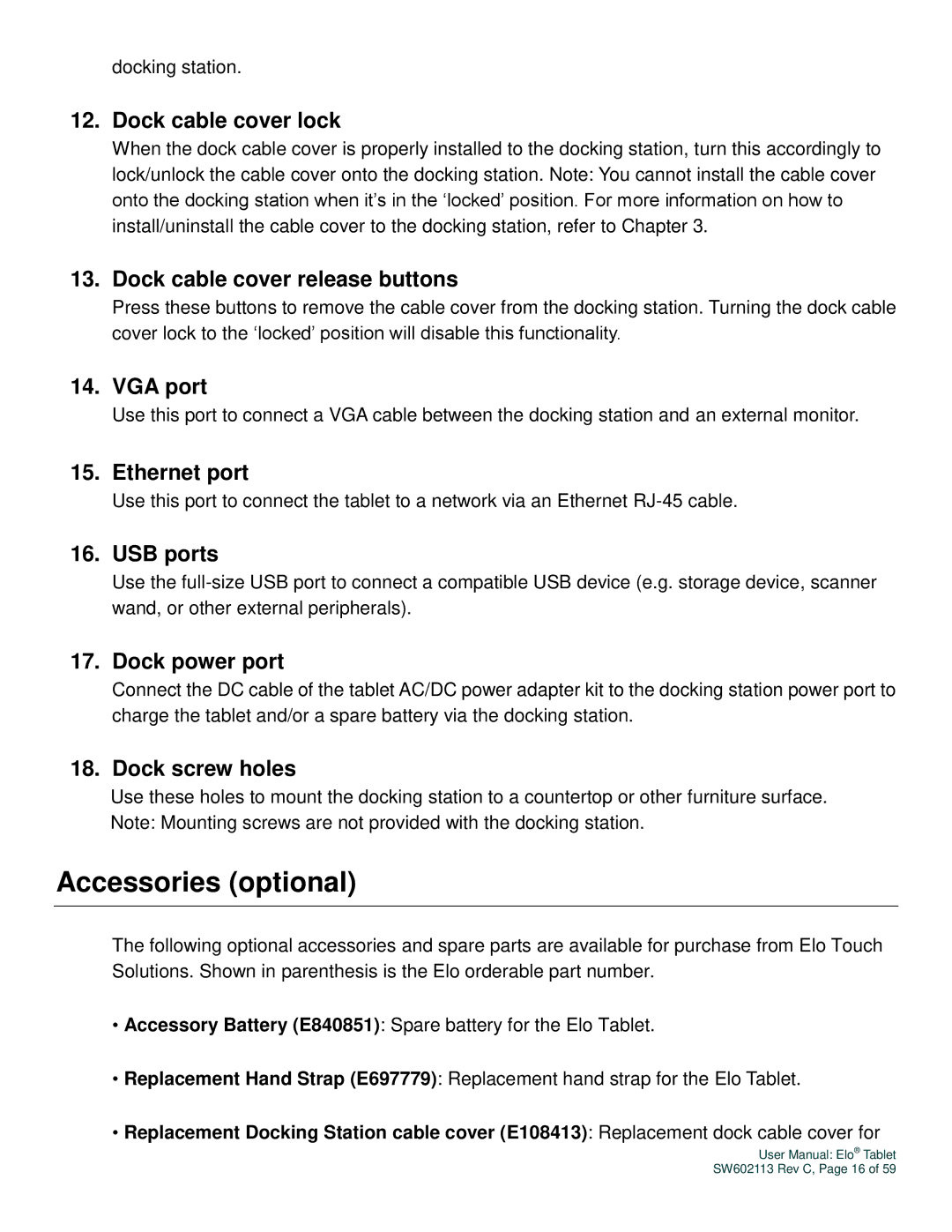 Elo TouchSystems SW602113 manual Accessories optional 