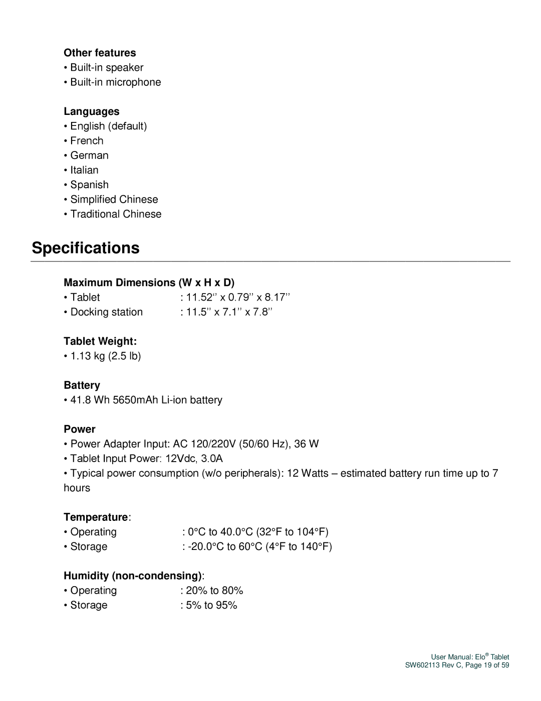 Elo TouchSystems SW602113 manual Specifications, Power 