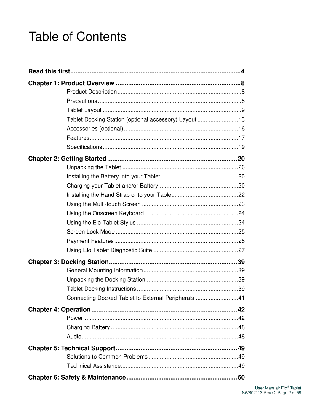 Elo TouchSystems SW602113 manual Table of Contents 