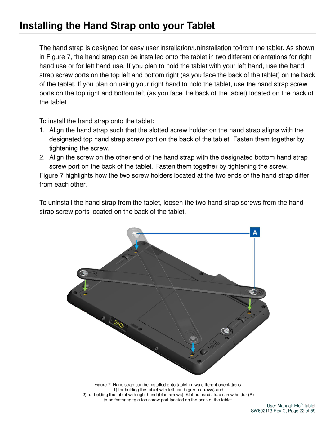 Elo TouchSystems SW602113 manual Installing the Hand Strap onto your Tablet 