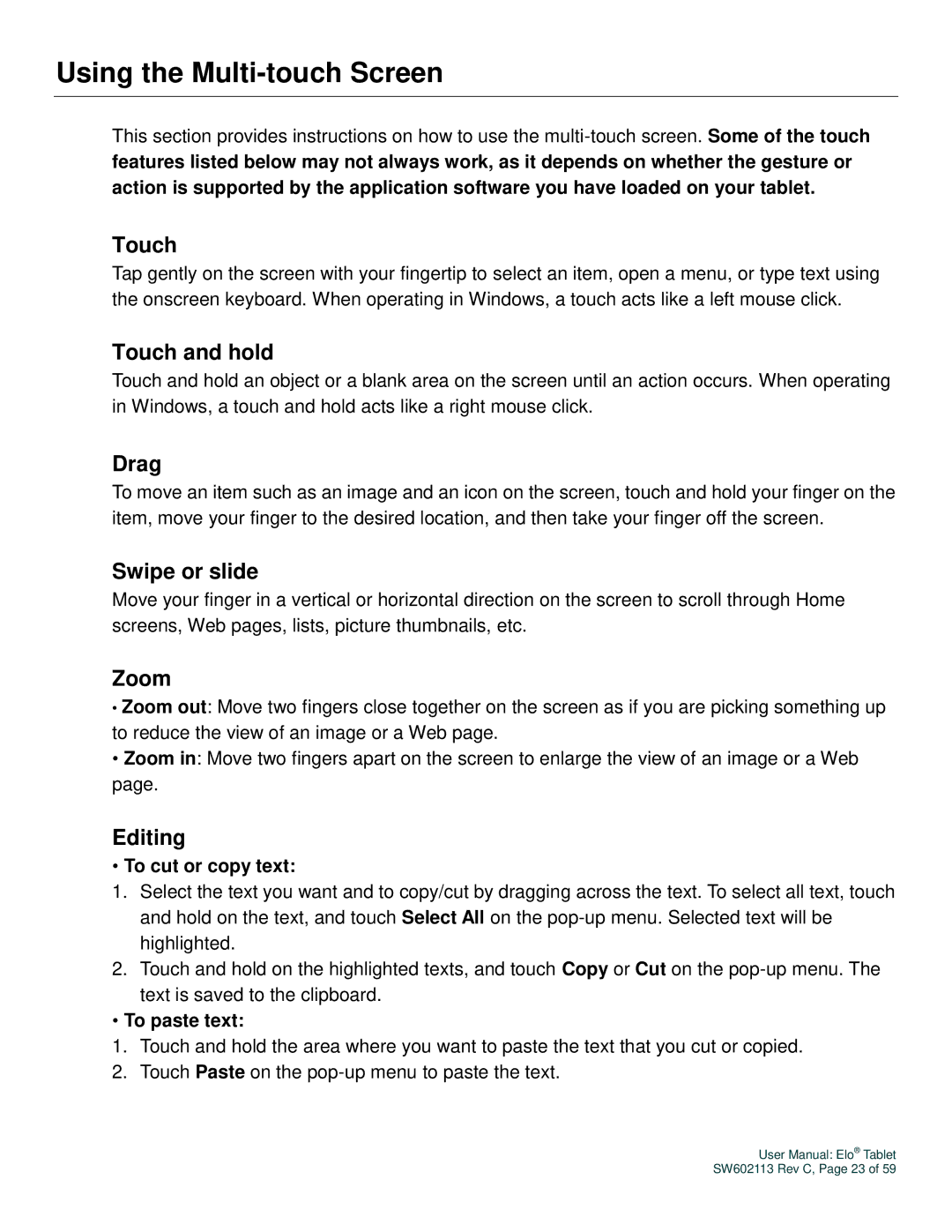 Elo TouchSystems SW602113 manual Using the Multi-touch Screen 