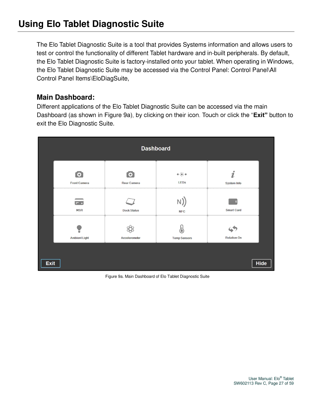 Elo TouchSystems SW602113 manual Using Elo Tablet Diagnostic Suite, Main Dashboard 