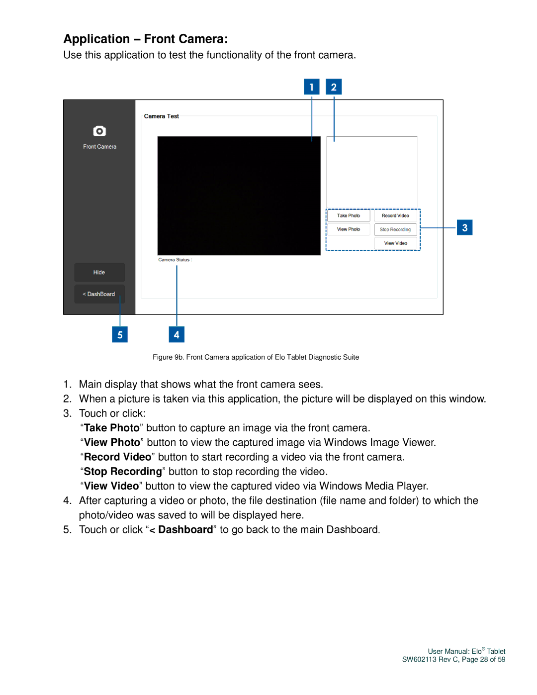 Elo TouchSystems SW602113 manual Application Front Camera, Front Camera application of Elo Tablet Diagnostic Suite 