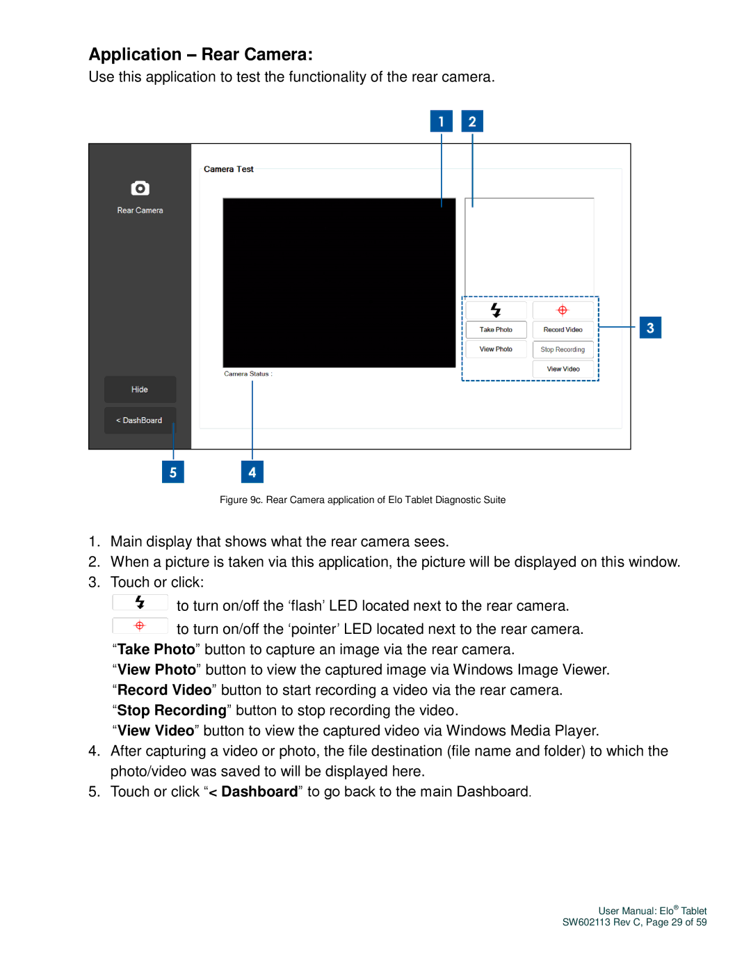 Elo TouchSystems SW602113 manual Application Rear Camera, Rear Camera application of Elo Tablet Diagnostic Suite 