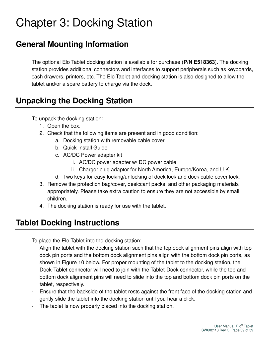 Elo TouchSystems SW602113 General Mounting Information, Unpacking the Docking Station, Tablet Docking Instructions 