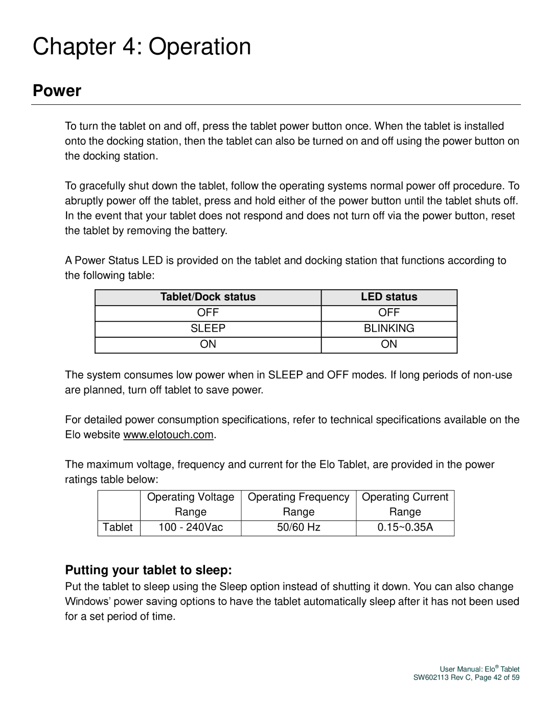 Elo TouchSystems SW602113 manual Operation, Power, Putting your tablet to sleep 