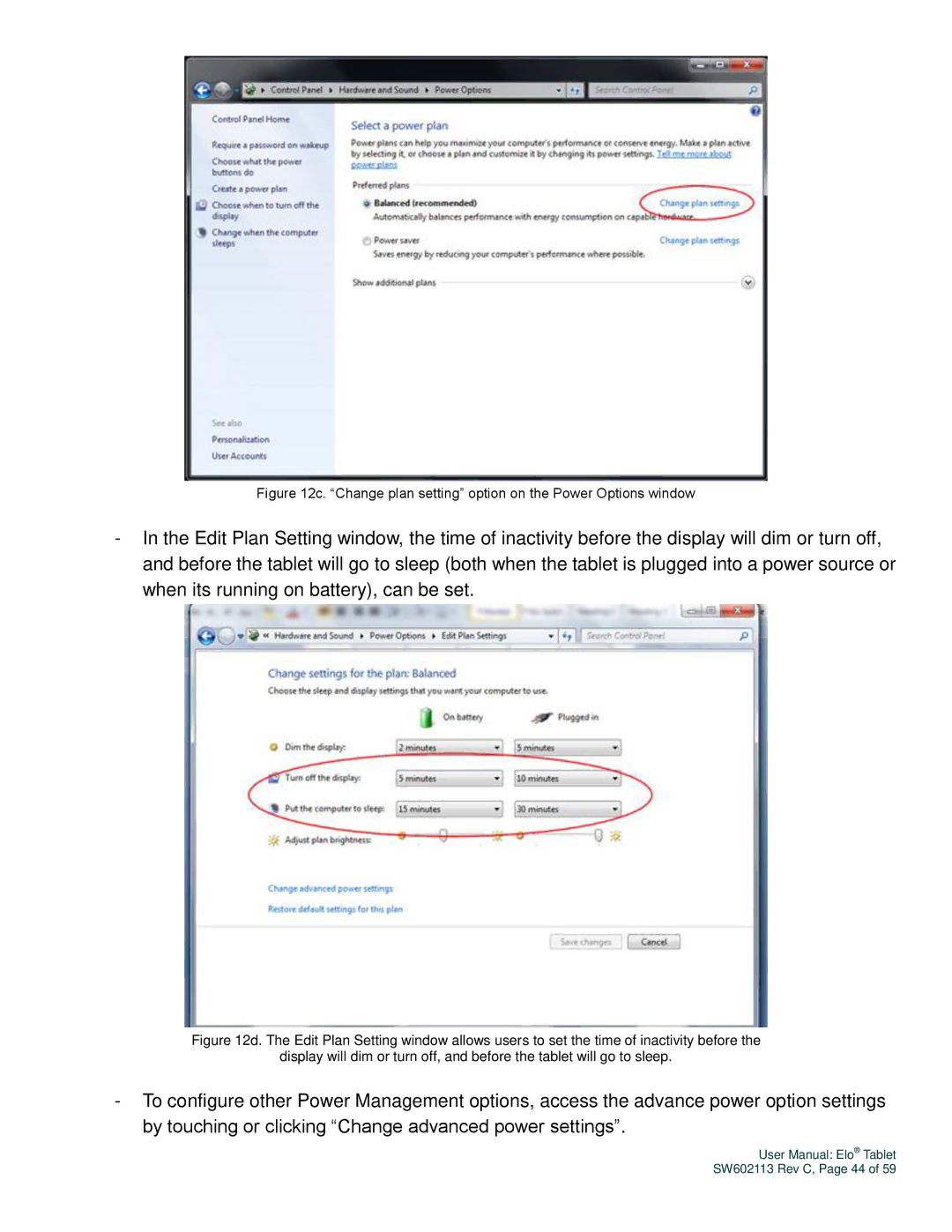 Elo TouchSystems SW602113 manual Change plan setting option on the Power Options window 