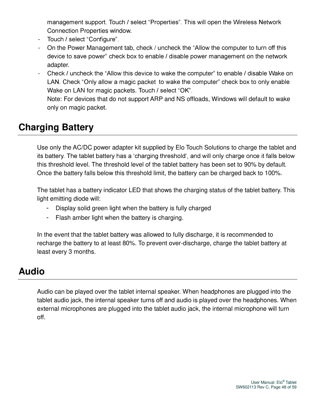 Elo TouchSystems SW602113 manual Charging Battery, Audio 