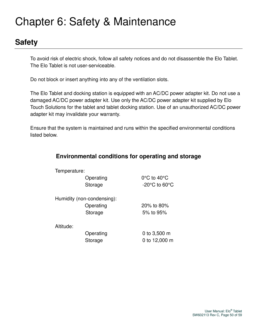 Elo TouchSystems SW602113 manual Safety & Maintenance, Environmental conditions for operating and storage 