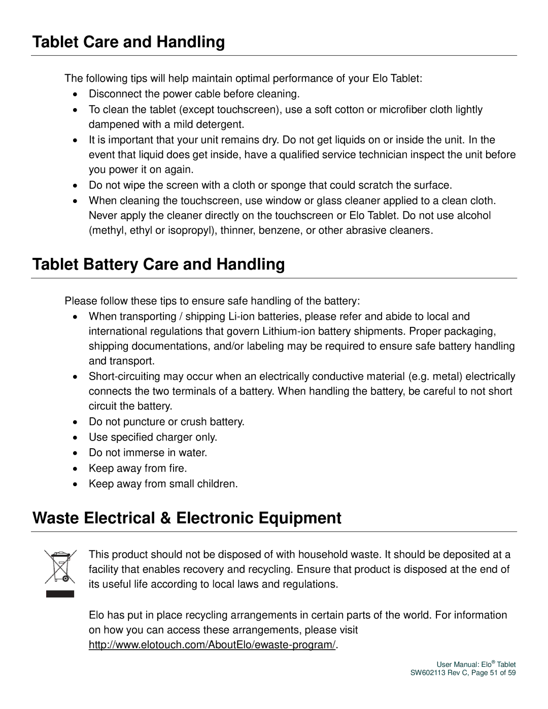 Elo TouchSystems SW602113 manual Tablet Care and Handling, Tablet Battery Care and Handling 