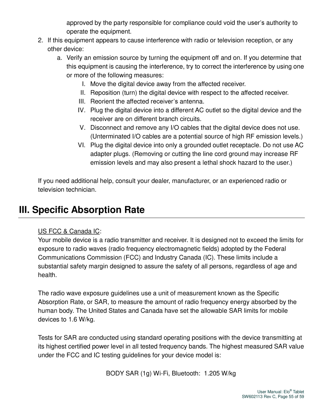 Elo TouchSystems SW602113 manual III. Specific Absorption Rate 