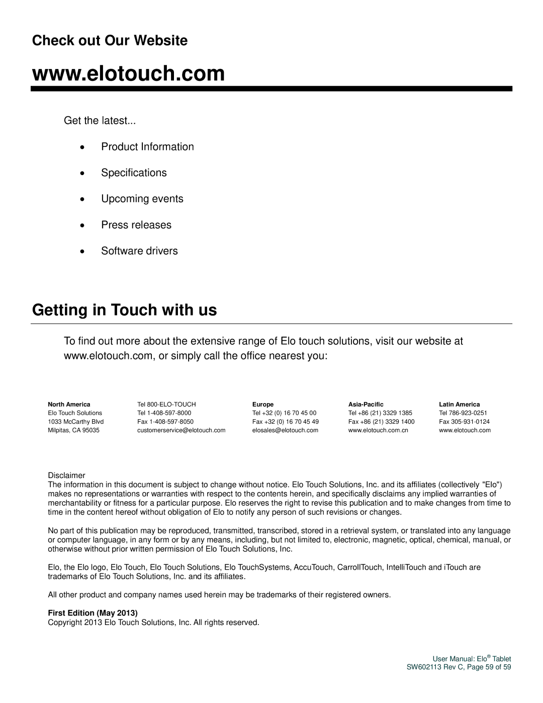 Elo TouchSystems SW602113 manual Getting in Touch with us, Check out Our Website 