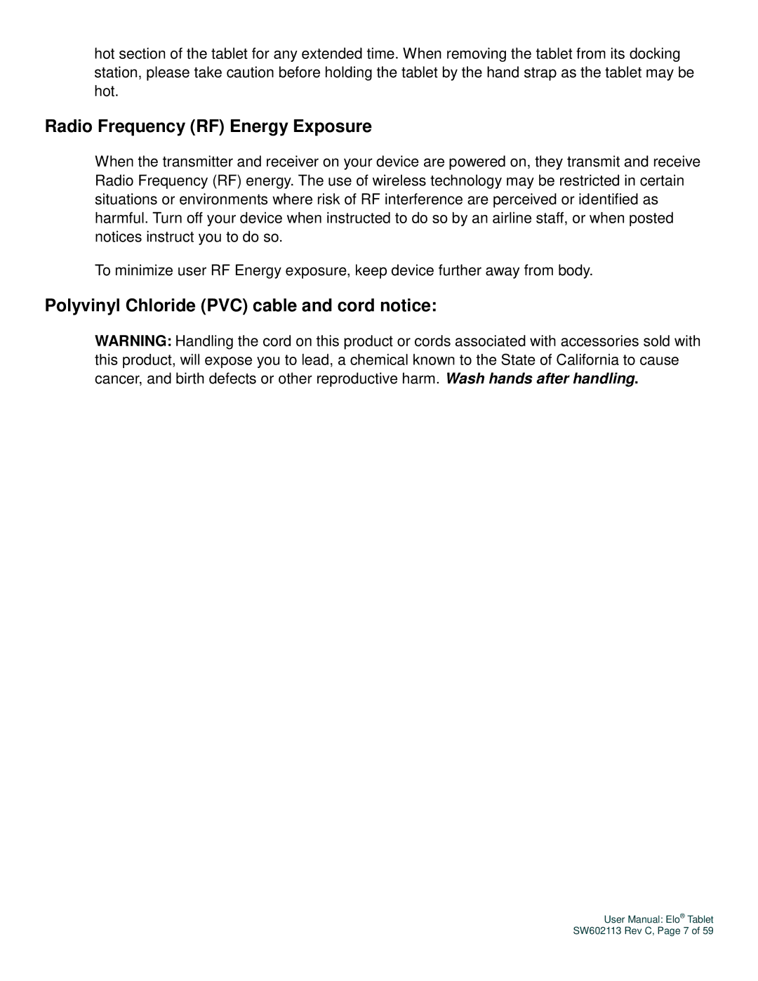 Elo TouchSystems SW602113 manual Radio Frequency RF Energy Exposure, Polyvinyl Chloride PVC cable and cord notice 