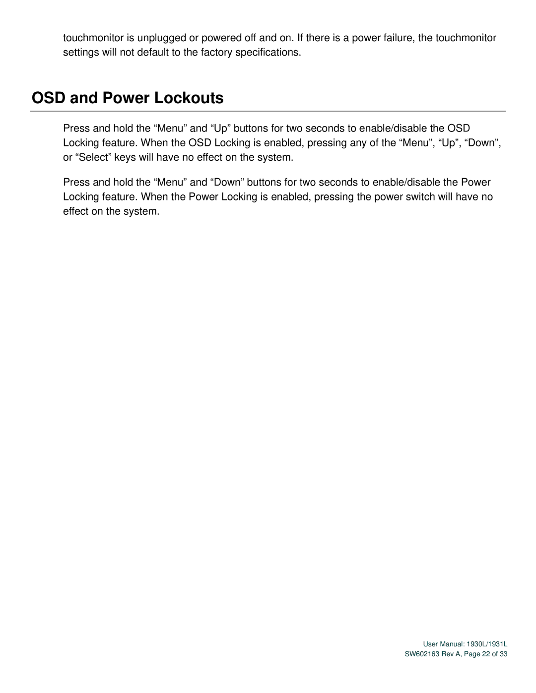 Elo TouchSystems SW602163 Rev A user manual OSD and Power Lockouts 