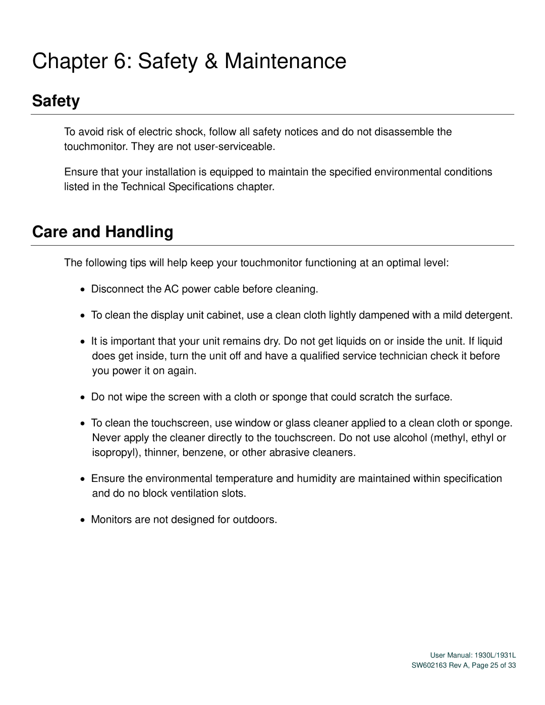 Elo TouchSystems SW602163 Rev A user manual Safety & Maintenance, Care and Handling 