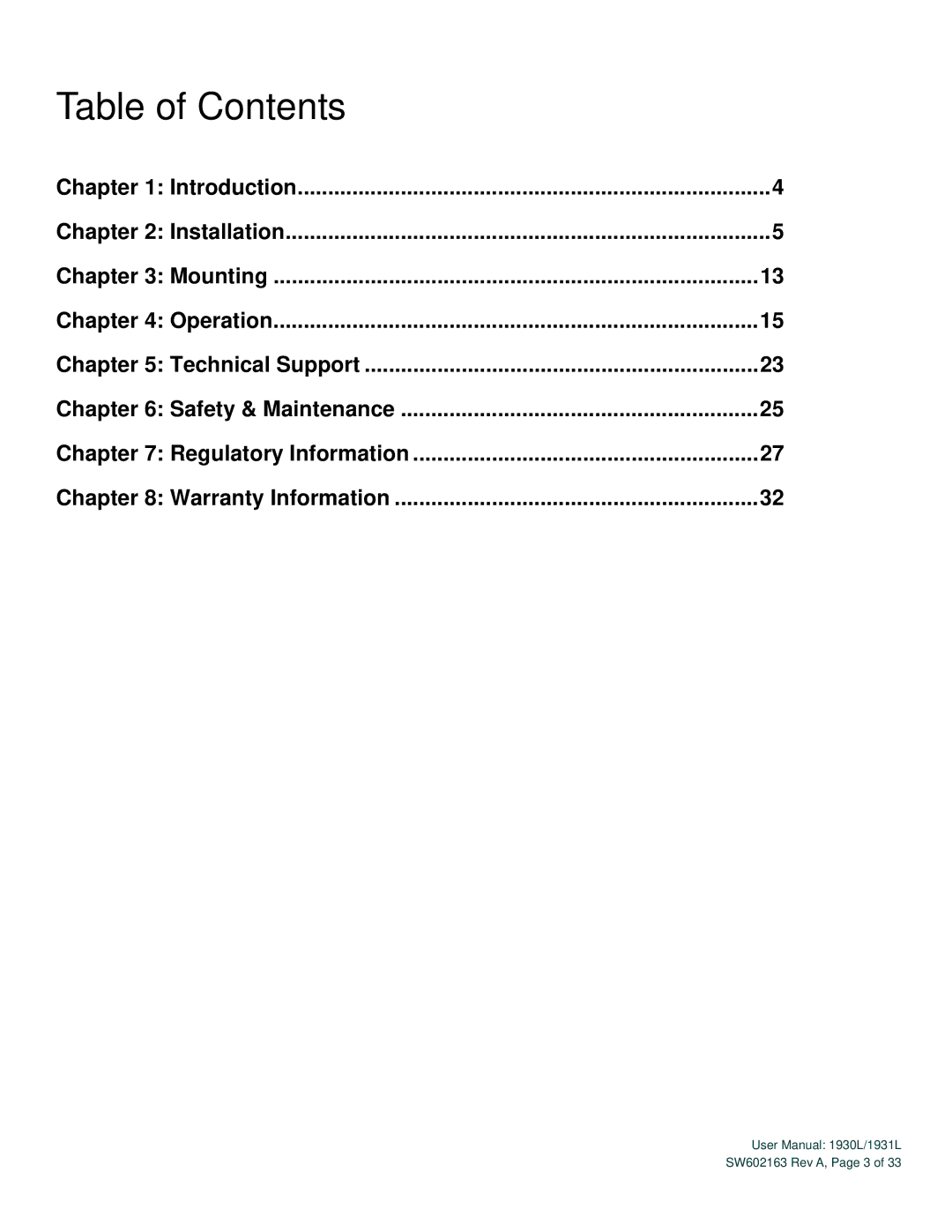 Elo TouchSystems SW602163 Rev A user manual Table of Contents 