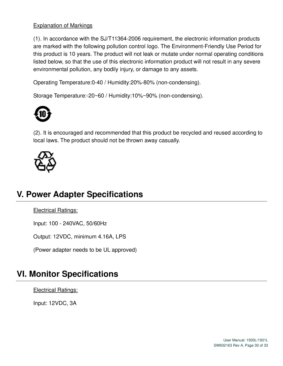 Elo TouchSystems SW602163 Rev A user manual Power Adapter Specifications, VI. Monitor Specifications 