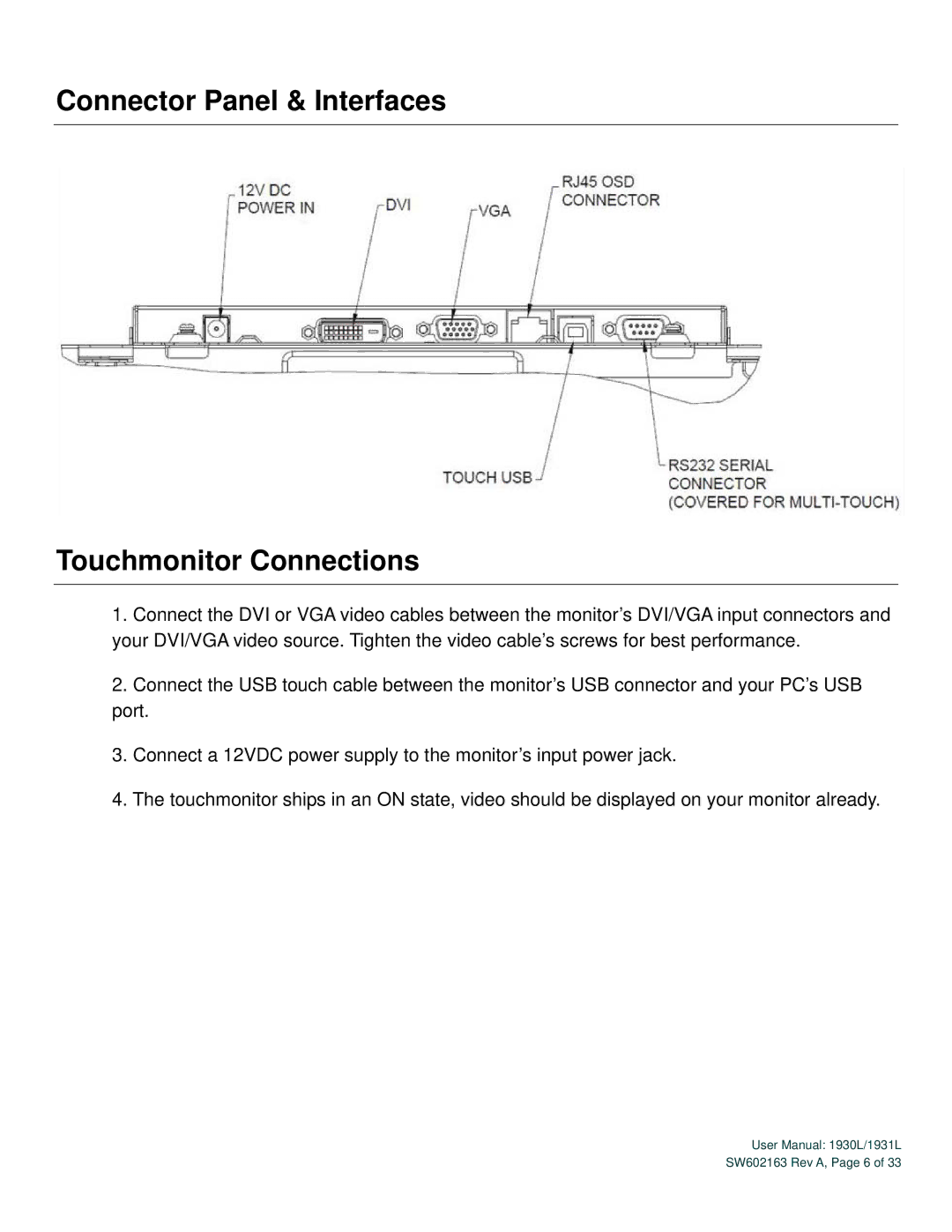 Elo TouchSystems SW602163 Rev A user manual Connector Panel & Interfaces Touchmonitor Connections 