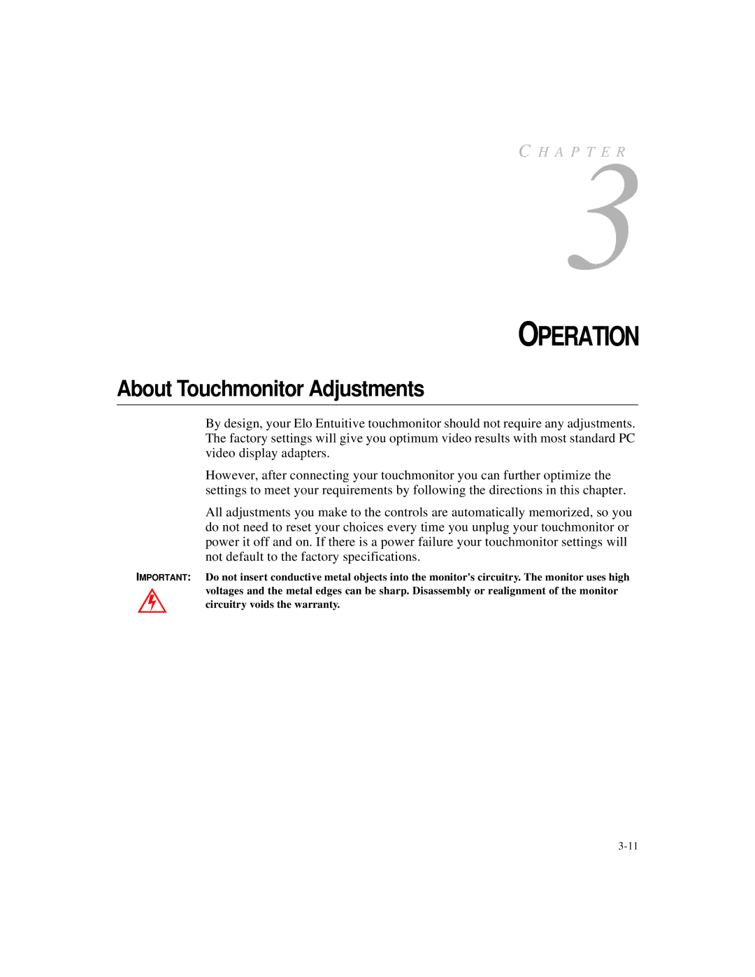 Elo TouchSystems touch monitor manual Operation, About Touchmonitor Adjustments 