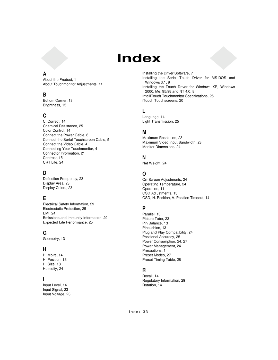 Elo TouchSystems touch monitor manual Index 