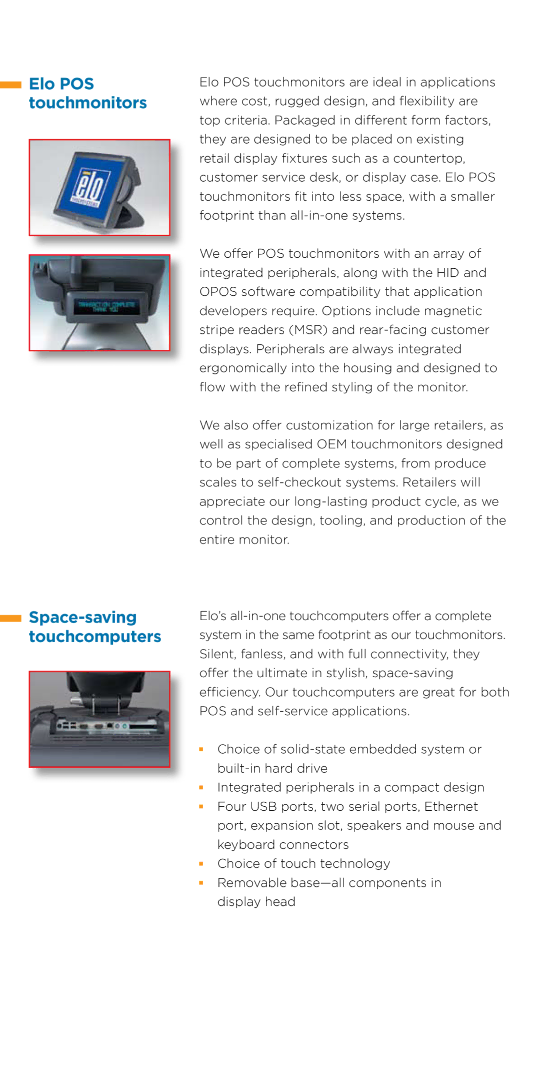 Elo TouchSystems Toucmonitor manual Elo POS touchmonitors Space-saving touchcomputers 