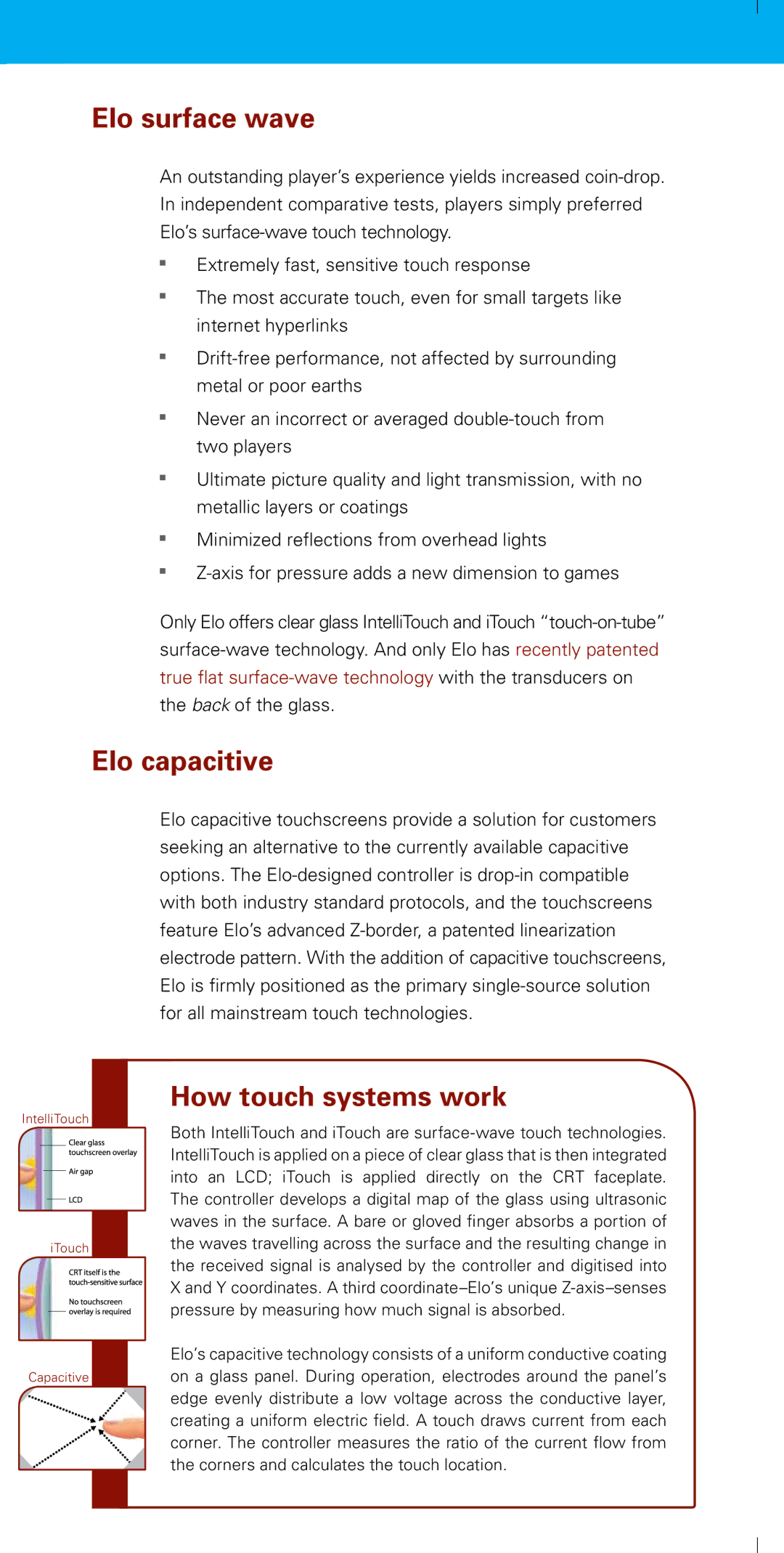 Elo TouchSystems Tyco manual Elo surface wave, Elo capacitive, How touch systems work 