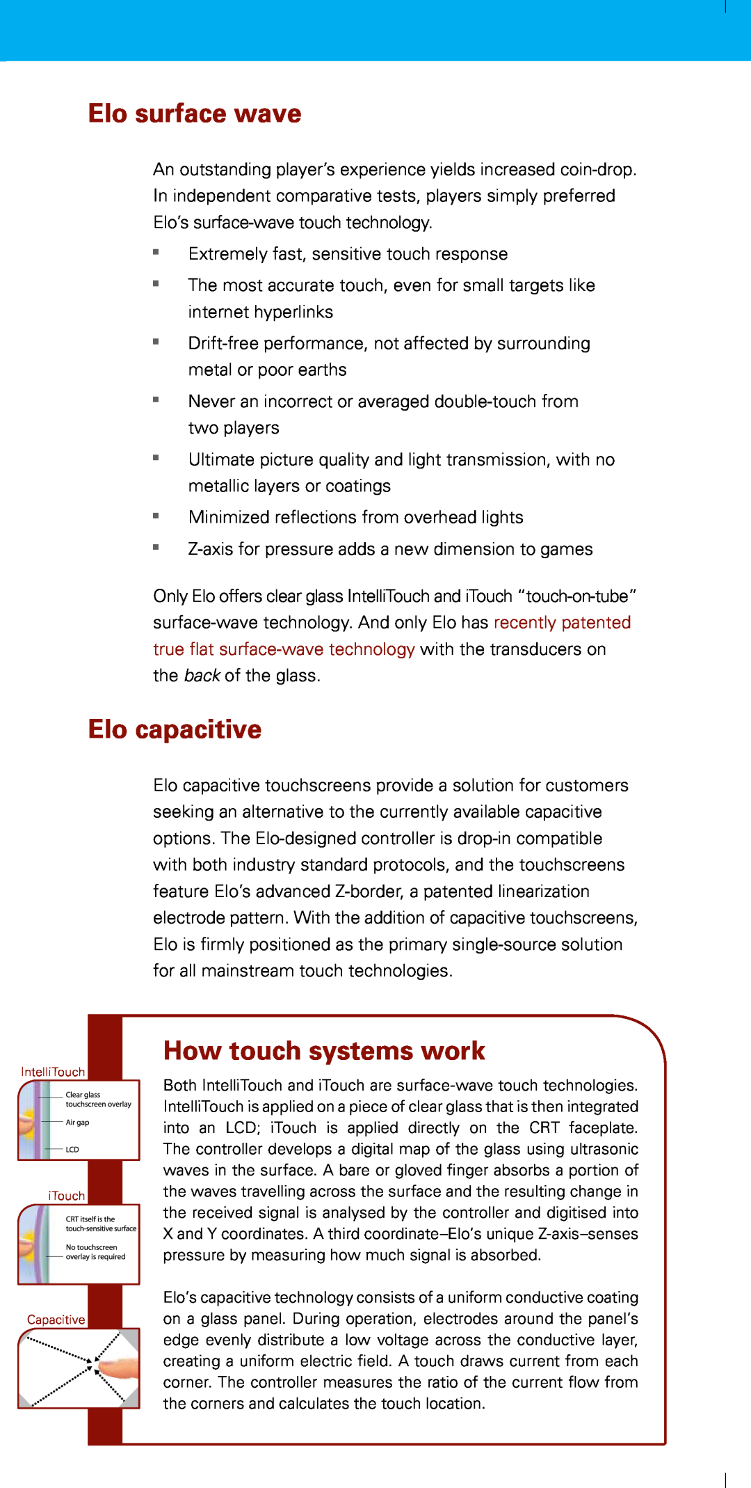 Elo TouchSystems Tyco manual Elo surface wave, Elo capacitive, How touch systems work 