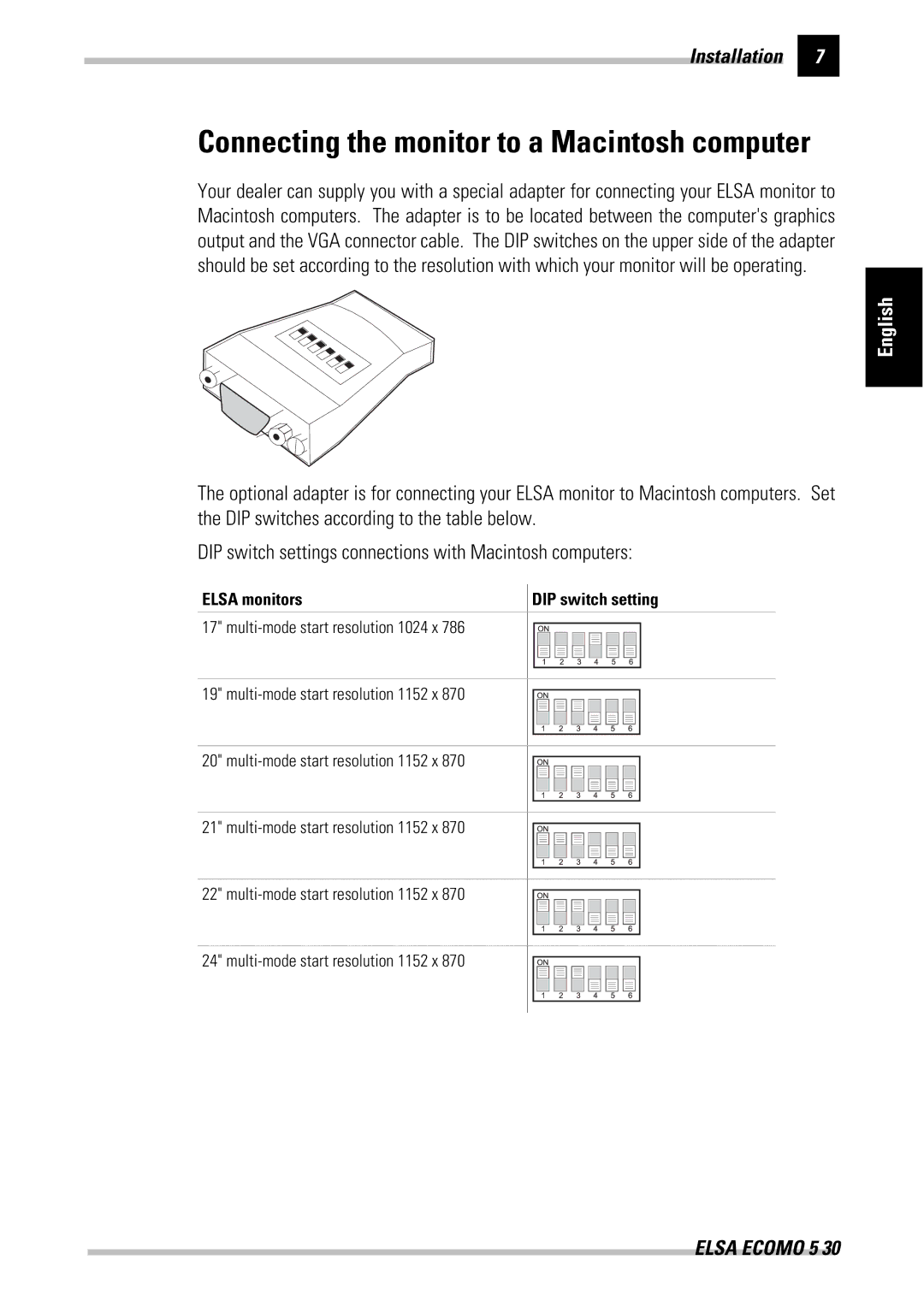 ELSA 530 manual Connecting the monitor to a Macintosh computer, Elsa monitors 