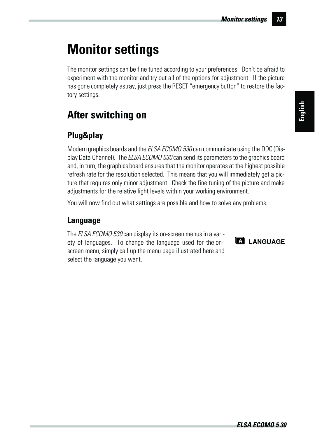 ELSA 530 manual Monitor settings, After switching on, Plug&play, Language 